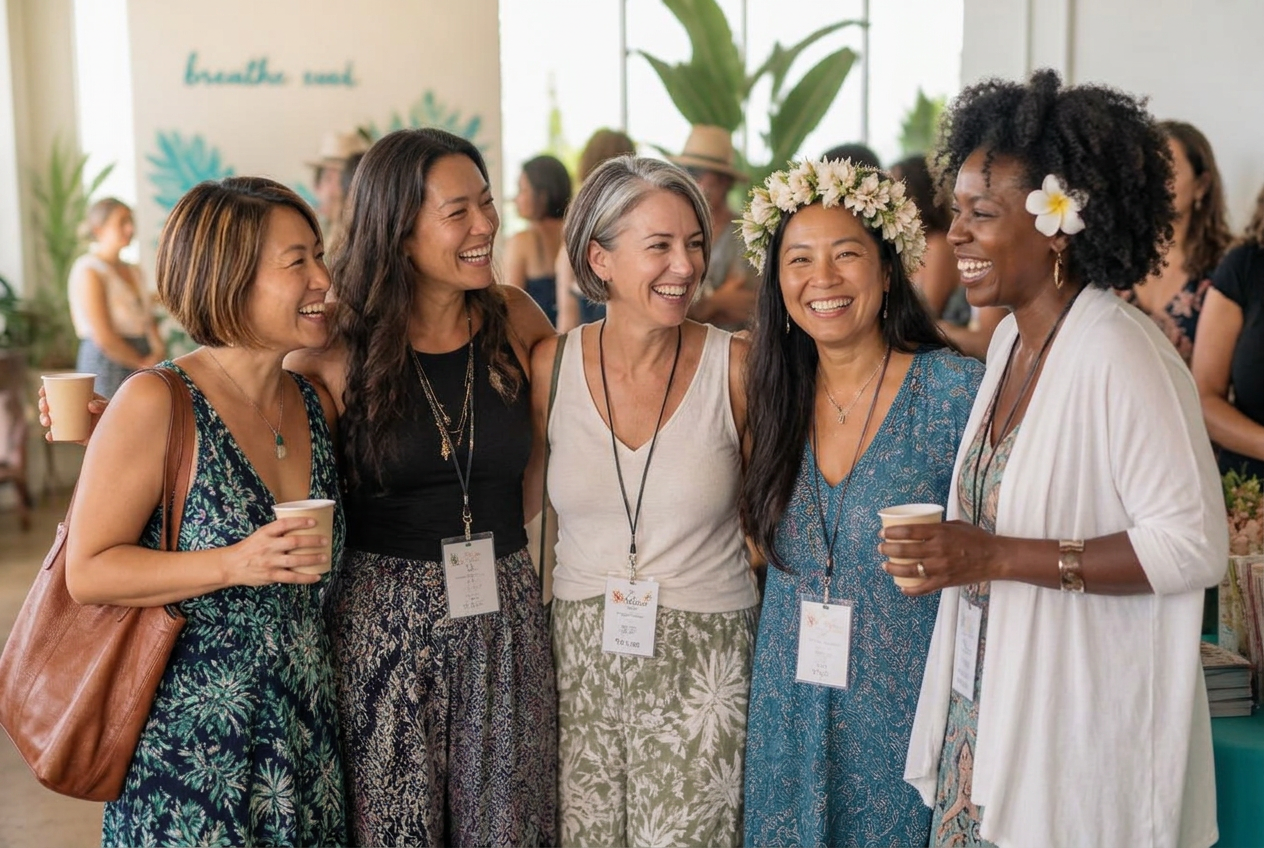 Women in their forties gathered on woven mats at an open-air Honolulu wellness lanai